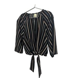 Japna Tie Front Blouse Womens Large Black Striped New NWT Cropped 3/4 Sleeve